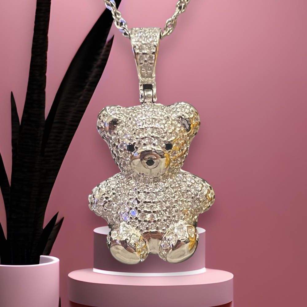925 Sterling Silver CZ Puff 3-D Teddy Bear Necklace Charm Pendant